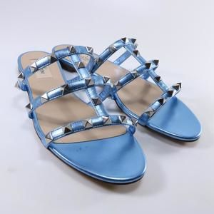 Blue Metallic Silver Spike Rockstud Classic Cage Flat Sandals D315